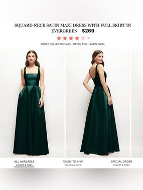 Dessy Collection Evergreen Square-Neck Satin Maxi Gown